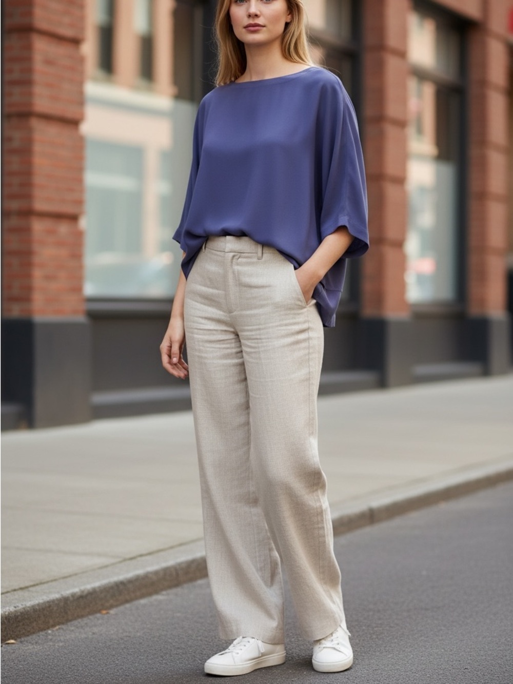 EILEEN FISHER 100% SILK PURPLE FLOWY BLOUSE 3/4 LENGTH SLEEVES SIZE SMALL PETITE